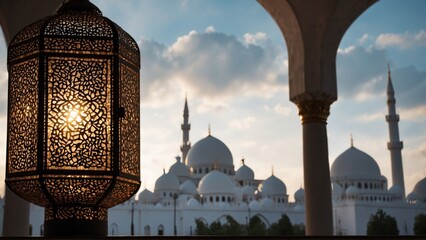 A lantern with light inside, Blurred background of beautiful mosque architecture building. copy space is suitable for Eid Mubarak greetings or something like that. Generative AI