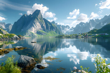 A breathtaking view of the Lofoten islands in Norway, showcasing dramatic mountains, serene ocean, and picturesque fjords. Perfect for travel and nature-related content. - obrazy, fototapety, plakaty