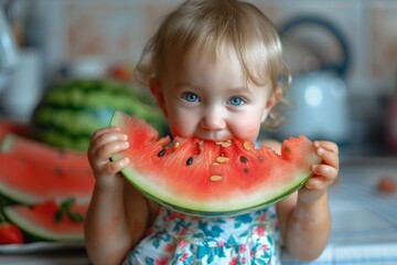 A little girl eats a watermelon