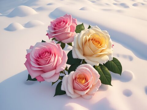 two pink and yellow roses in the snow