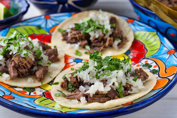 メキシコのバルバコアの牛肉のタコス（ビーフタコス）コピースペースあり
Mexican barbacoa beef tacos　(Tacos de barbacoa de res) with copy space
