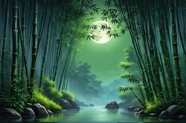 ultradetailed illustration of a serene night scene in a forest moonlit ambiance 