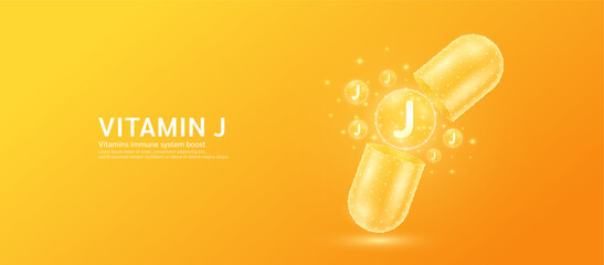 Vitamin J pill drug capsule open with orange bubble ball float out in style polygon. Collagen and minerals antibiotic supplement essential health care. Medical and pharmacy concept. Banner vector. - obrazy, fototapety, plakaty