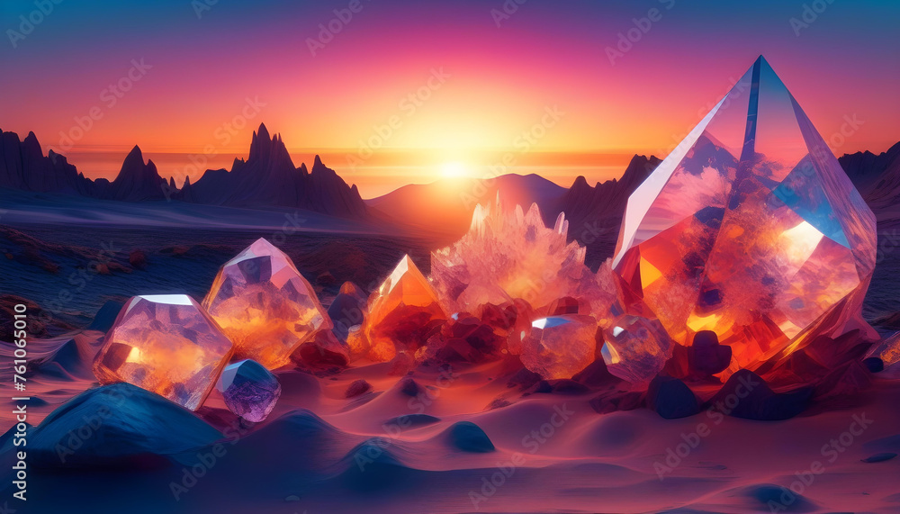 Canvas Prints a landscape with crystal structures and a colorful sunset