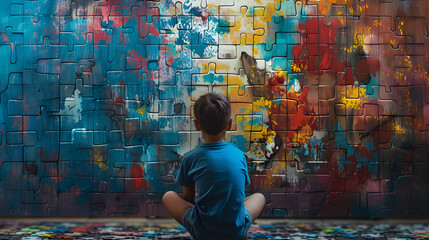 World autism awareness day. Little boy sitting before the wall made from jigsaw puzzle pieces. generative ai  - Powered by Adobe
