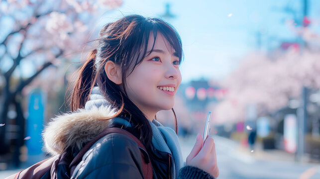 pretty young Asian girl on the street taking pictures of cherry blossoms on her phone