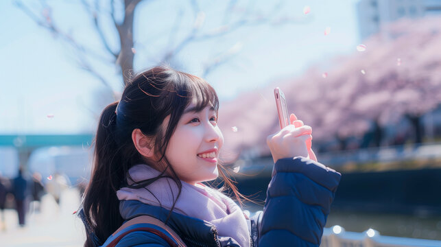 pretty young Asian girl on the street taking pictures of cherry blossoms on her phone