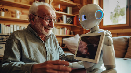 Robots helping taking care of seniors at a retirement home.. Generative AI