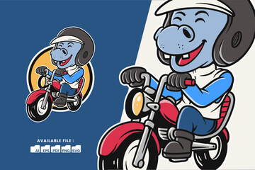 Cute Hippo riding red motorcycle cartoon Animal