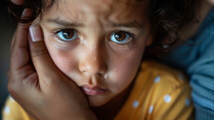 A hand gently wiping away tears from a childs face while a parents other hand squeezes their shoulder in a supportive gesture.
