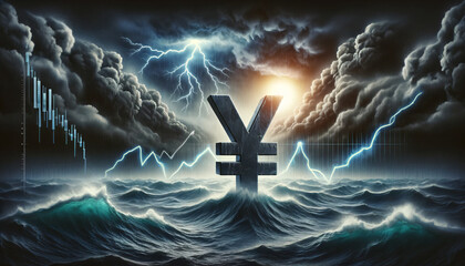Dramatic image showcasing the Yen symbol in a tumultuous sea, under dark clouds with a downward-pointing financial graph. AI Generated.