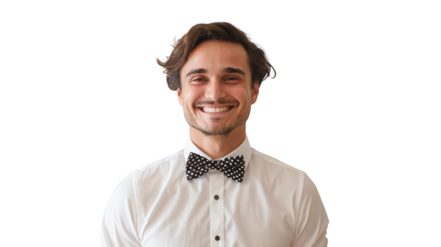 Portrait of a happy smiling waiter worker in bow tie, isolated on transparent background