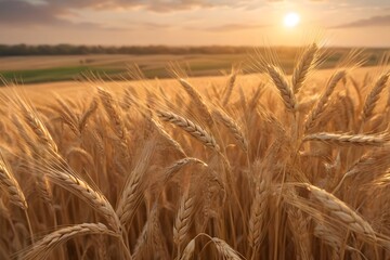 Campo de trigo dorado bajo los rayos del sol al atardecer. Trigo listo para la cosecha. Paisaje,...