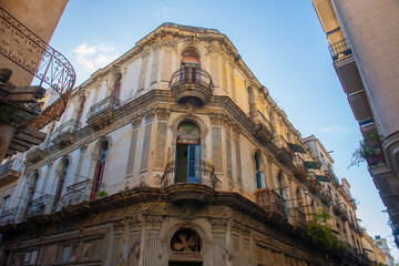 Historic buildings on Calle Compostela Street at Calle Muralla Street in Old Havana (La Habana...