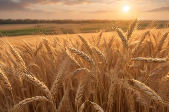 Campo de trigo dorado bajo los rayos del sol al atardecer. Trigo listo para la cosecha. Paisaje, agricultura 