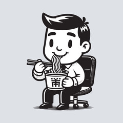 cartoon office worker man enjoying eating ramen noodles black and white vector illustration