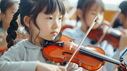 In a music class, young female chinese students devote themselves to learning the violin focusing on music and space, Generative AI.