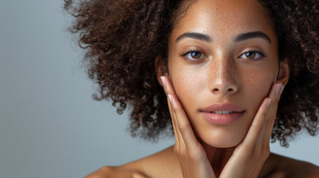 A beautiful woman with afro hair touches her face gently while looking at the camera