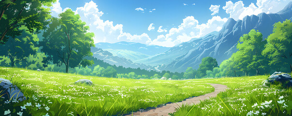A beautiful natural landscape in anime style illustration featuring mountains, trees, and colorful flowers with a peaceful and tranquil atmosphere. - obrazy, fototapety, plakaty