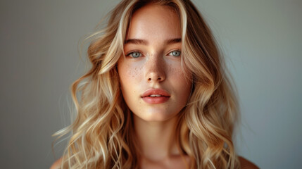 Fototapeta premium A blonde woman with clear skin looks directly at the camera