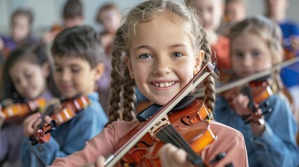 In a music class, young female students devote themselves to learning the violin focusing on music and space, Generative AI. - obrazy, fototapety, plakaty