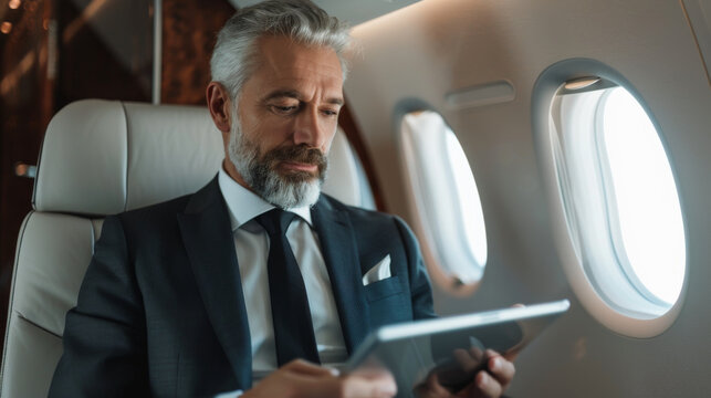 A middle-aged businessman looks sharp in his suit while using a tablet on a business trip aboard a plane