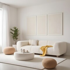 minimalist room with boucle furniture all white and cream