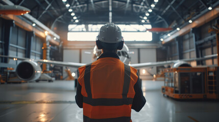 An engineer wearing a reflective vest stands in a hangar, holding a digital tablet, while a plane...