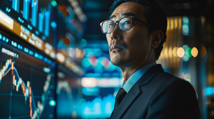 A middle-aged Asian businessman in a suit looks at stock market screens