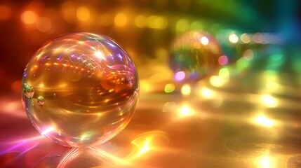 Obraz na płótnie Canvas Glowing Glass Spheres with Colorful Bokeh Background