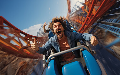 Happy tourist rides roller coaster, cheering with open arms.