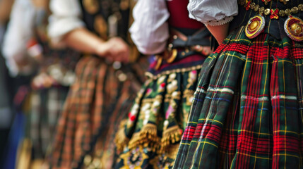 Fototapeta na wymiar A closeup of a group of friends wearing lederhosen and dirndls the traditional clothing worn at Oktoberfest complete with elaborate designs and intricate embroidery.