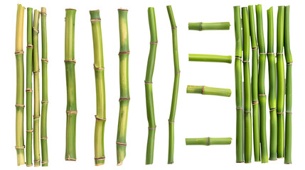 Green bamboo sticks, set sharp stake isolated on white, side view