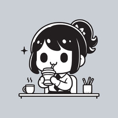 cartoon office worker woman enjoy drinking cup a coffee black and white vector illustration