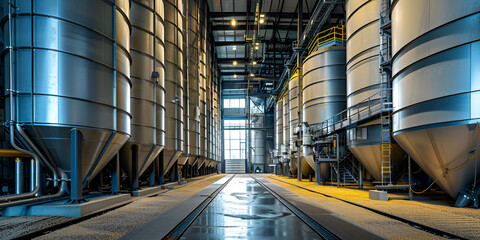 Fermentation mash vats or boiler tanks in a brewery factory Brewery plant interior Factory for the production of beer Modern production of draft drinks Selective focus - obrazy, fototapety, plakaty