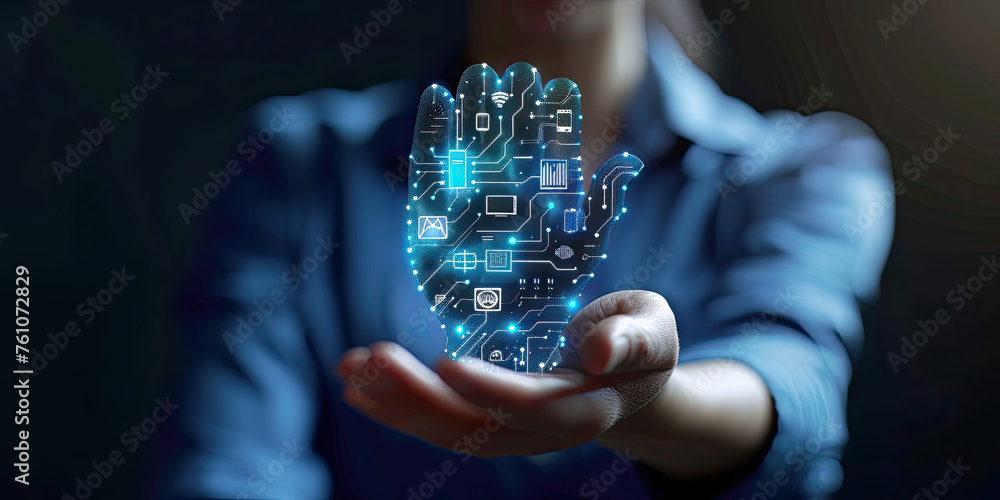Poster hand holding an ai chatbot interface digital hologram machine learning concept