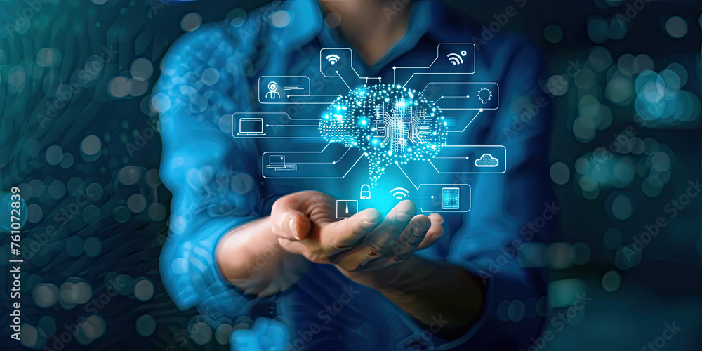 Poster hand holding an ai chatbot interface digital hologram machine learning concept