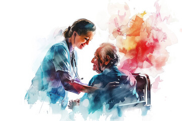 Colorful watercolor painting of a nurse helping mature patient