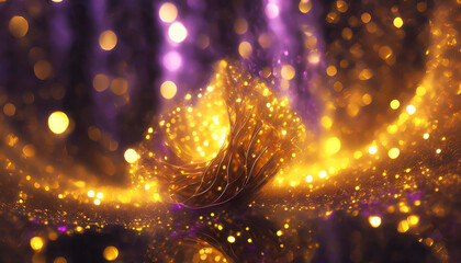 A photorealistic depiction of an ethereal angel adorned in shimmering purple and gold regalia, gracefully poised atop a cascading waterfall of molten gold. - obrazy, fototapety, plakaty