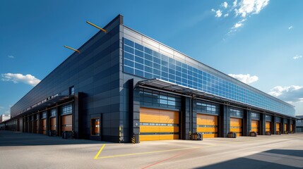 Fototapeta premium A large modern warehouse equipped with solar panels, featuring numerous loading docks under clear blue sky