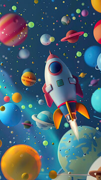 Design an adorable 3D spacecraft floating amidst colorful planets under a starry blue sky