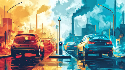 Artistic depiction of a traffic jam with heavy air pollution in an urban setting, highlighting...