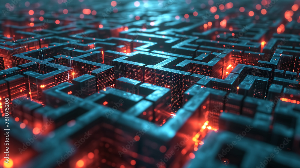 Aufkleber abstract digital landscape of a circuit board city with glowing red data paths, symbolizing complex 