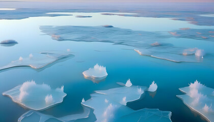 A photo of a frozen landscape with sharp, crystal structures and a reflection in water