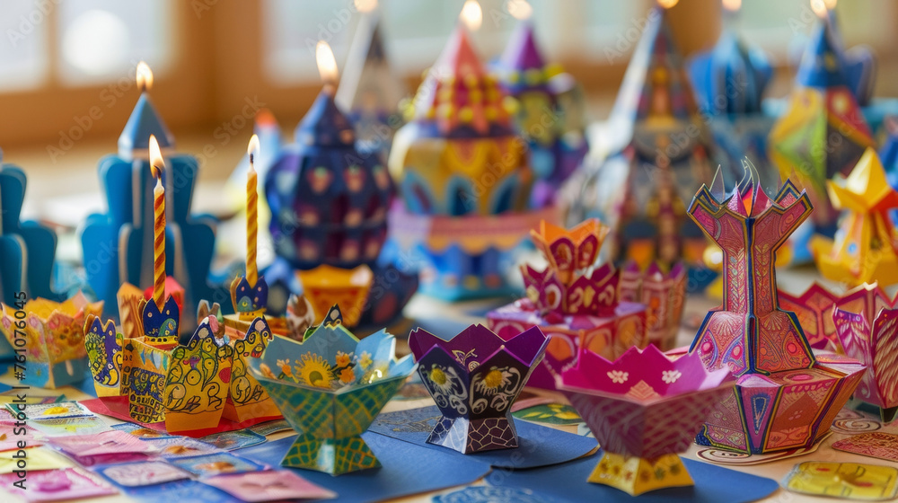 Aufkleber a table boasting an array of handmade hanukkah crafts including intricately designed paper menorahs 