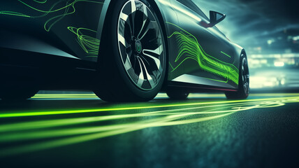 Low-angle view of a black electric car showcasing green aerodynamic flow lines in a simulated wind...