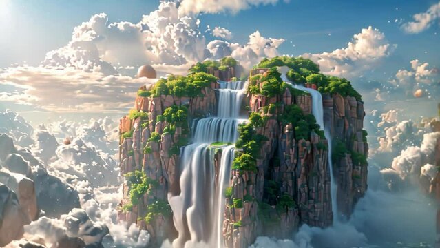 Fantasy landscape of a lake and flying islands.