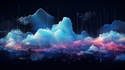A digital art piece featuring an abstract cloudscape with neon blue and pink hues, with glowing lines suggesting a rain of data.
