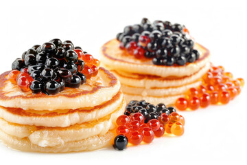 Blinis stuffed with black and red caviar, isolated on white background
