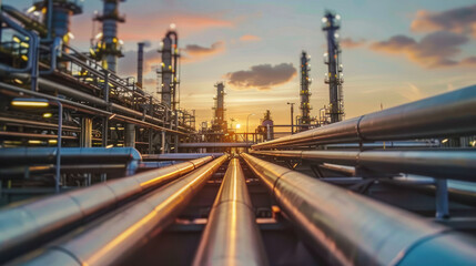 Fototapeta na wymiar A large industrial plant with many pipes and a sunset in the background